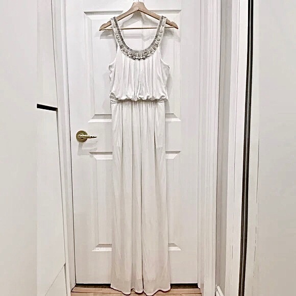 Gorgeous Elegant NWT, Draped-top Beaded Neckline White Grecian Long Maxi Gown - Picture 1 of 7
